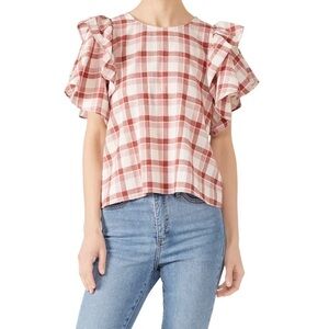 The Great. The Whisper Brick Plaid Ruffle Sleeve Shirt SIZE 2